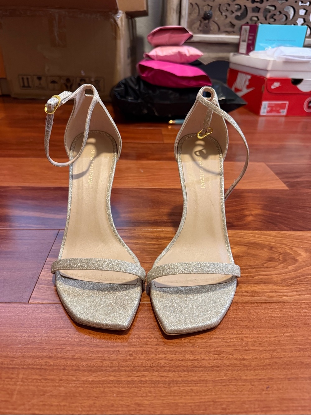Stuart Weitzman Silver Glitter Ankle-Strap High Heels